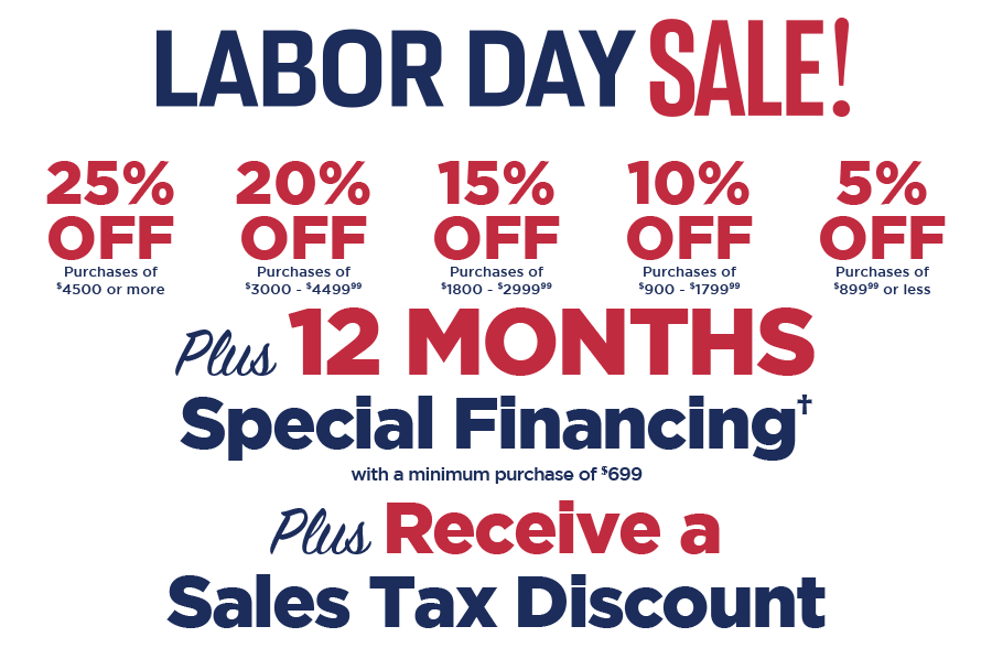 Labor Day Sale - 5% - 25% off plus special financing and sales tax discount